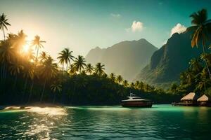 a boat is docked in the water near palm trees. AI-Generated photo