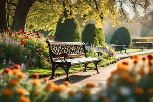 a park bench is surrounded by flowers. AI-Generated photo