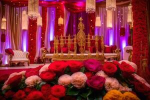 un Boda ceremonia con un corona y rojo flores generado por ai foto