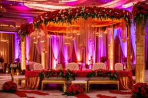 an indian wedding reception with red and gold decorations. AI-Generated photo