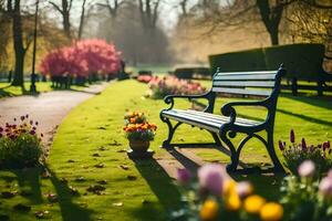 a park bench is in the middle of a grassy area. AI-Generated photo