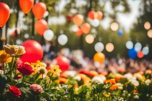 many colorful balloons are hanging from the trees. AI-Generated photo