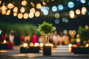 a vase with a plant in it on a table with lights. AI-Generated photo