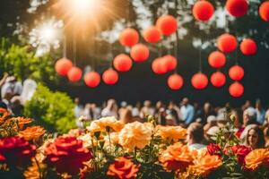 rojo linternas colgando desde el arboles en un jardín. generado por ai foto