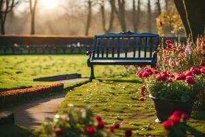 un banco se sienta en un parque con flores y arboles generado por ai foto