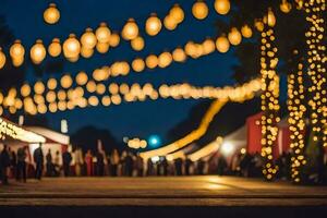 a night time view of a street with lights hanging from the ceiling. AI-Generated photo