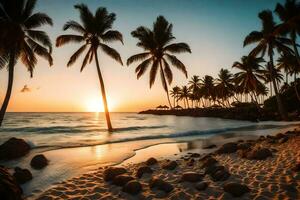 the sun sets on the beach in the caribbean. AI-Generated photo