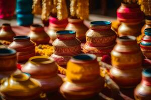 colorful vases are arranged on a table. AI-Generated photo