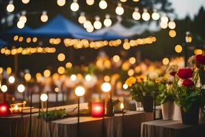 un mesa con velas y flores en frente de un carpa. generado por ai foto