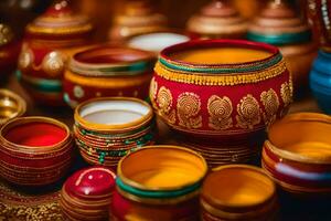 many colorful pots and bowls are arranged on a table. AI-Generated photo
