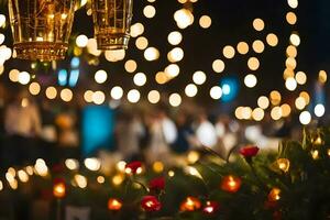 a wedding reception with lights and flowers. AI-Generated photo