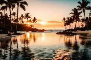 a beautiful sunset over the ocean with palm trees. AI-Generated photo