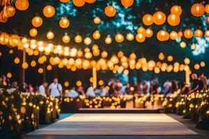 a wedding ceremony with lots of lanterns hanging from the ceiling. AI-Generated photo