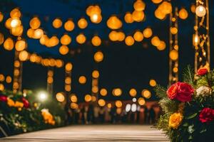 a walkway with flowers and lights at night. AI-Generated photo