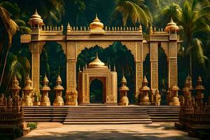 an ornate golden temple in the middle of a tropical forest. AI-Generated photo