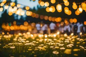 a field of dandelions and lights in the background. AI-Generated photo