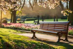 a bench sits in a park surrounded by flowers. AI-Generated photo