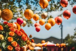 colorful paper lanterns hanging from trees. AI-Generated photo