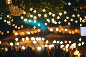 a group of people standing under a tree with lights. AI-Generated photo