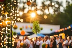 un multitud de personas a un al aire libre evento con luces. generado por ai foto