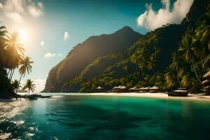 a tropical island with palm trees and a beach. AI-Generated photo