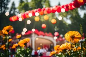 yellow flowers in the foreground with red lanterns. AI-Generated photo