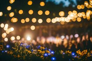 a group of people at an outdoor event with lights. AI-Generated photo