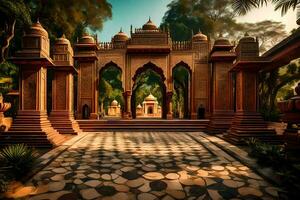 an indian temple in the middle of a park. AI-Generated photo