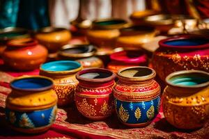 colorful pots and vases on a red table. AI-Generated photo