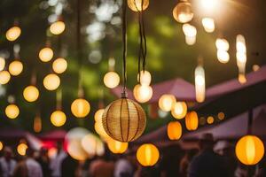 many hanging paper lanterns at an outdoor event. AI-Generated photo