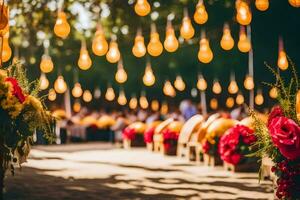 a wedding ceremony with lots of lights hanging from the trees. AI-Generated photo