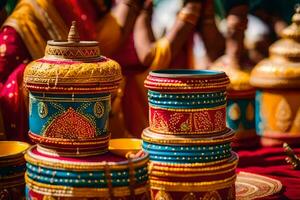 un mujer en tradicional indio vestir es participación un maceta. generado por ai foto