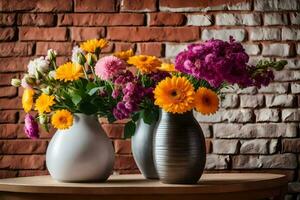 Tres floreros con flores en un mesa. generado por ai foto