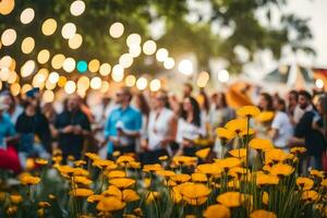 a crowd of people are standing in front of a field of yellow flowers. AI-Generated photo