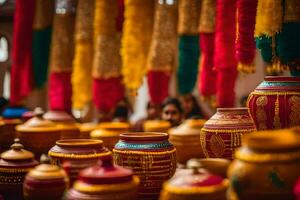 many colorful pots and vases are on display. AI-Generated photo