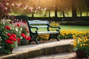 a bench in a park with flowers and trees. AI-Generated photo