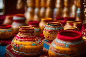 a collection of colorful pottery on display. AI-Generated photo