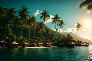 tropical island with palm trees and huts on the water. AI-Generated photo