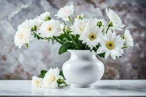 blanco flores en un blanco florero en un mesa. generado por ai foto