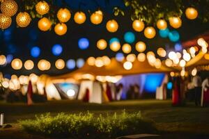 a night time view of a garden with lights and tables. AI-Generated photo