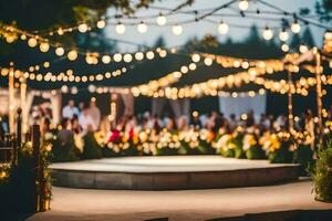 a wedding ceremony with lights strung over the stage. AI-Generated photo