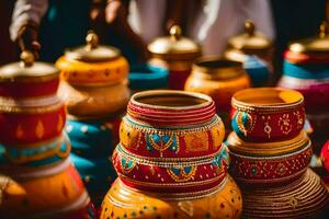 colorful pots with gold and red decorations on them. AI-Generated photo