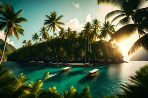 tropical island with palm trees and boats in the ocean. AI-Generated photo