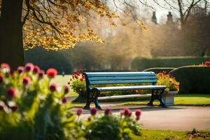 a bench in a park with tulips and trees. AI-Generated photo