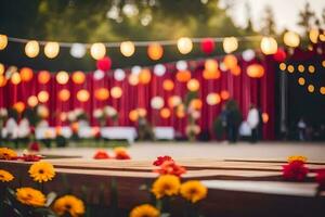 un de madera banco con flores y rojo cortinas generado por ai foto