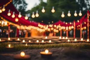 candles are lit in the grass at an outdoor wedding. AI-Generated photo