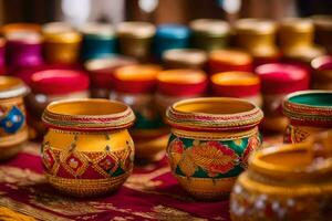 colorful pots on a table with colorful decorations. AI-Generated photo