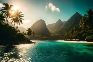 the sun shines over a tropical beach and palm trees. AI-Generated photo