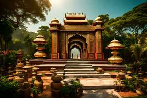 a golden temple in the middle of a park. AI-Generated photo