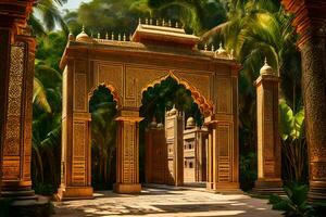 an image of a golden archway in the middle of a tropical forest. AI-Generated photo